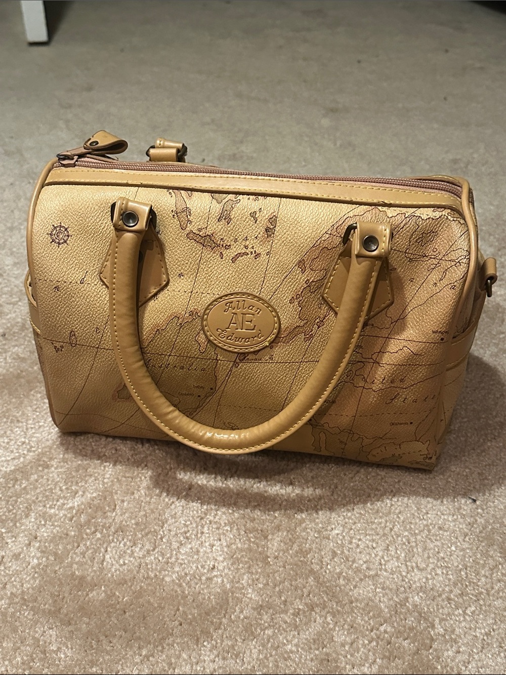 Allen Edward Leather-Look Map-Print Speedy Satchel in Tan